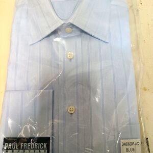 Paul Fredrick Men's Sky Blue Striped Blue Cufflink Dress Shirt Size 16x36